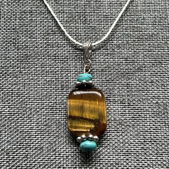 Tigers Eye Turquoise Necklace Dangle Earrings Set Silver Tone Base Metal - Picture 4 of 9